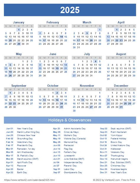 2025 Calendar With Holidays Printable Free