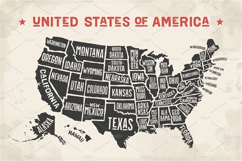 Poster Map United States Of America With State Names Illustrator