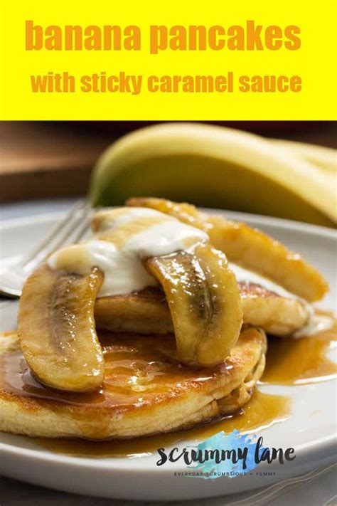 Banana Pancakes With Sticky Caramel Sauce Are On A White Plate Next To