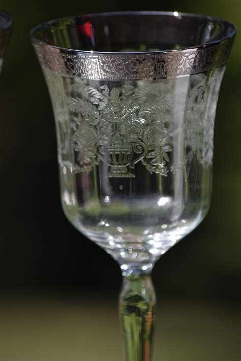 4 Vintage Platinum Encrusted Etched Wine Glasses Tiffin Franciscan 1940s Vintage Silver Rim