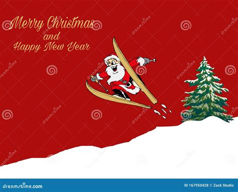 Merry Christmas And Happy New Year With Santa Claus Playing Ski