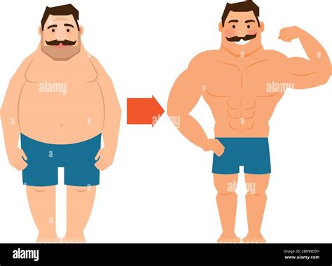 Fat And Slim Man With Mustache Big Man And Muscular Man Before And
