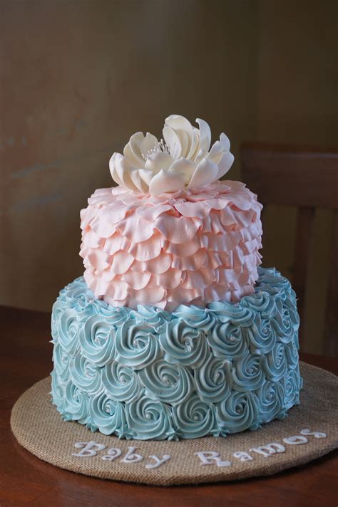 Pink And Blue Baby Shower Cake With Fondant Ruffles And Rosettes