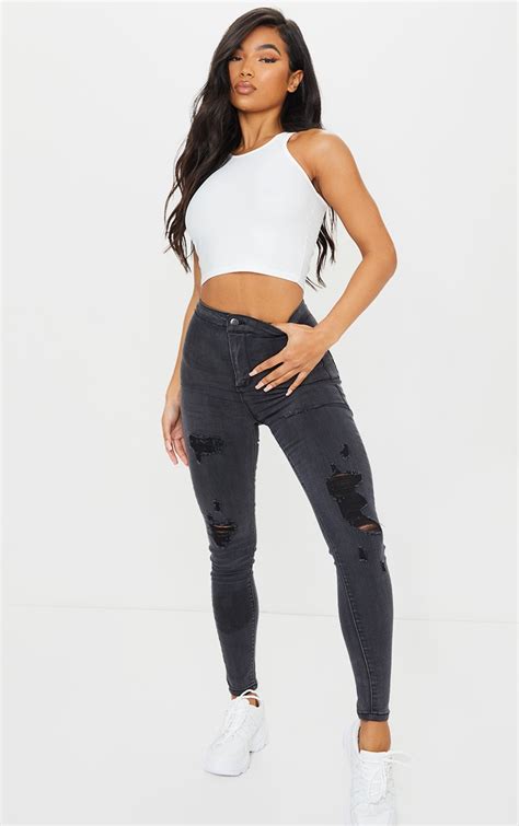 Plt Washed Black Ripped Disco Skinny Jeans Prettylittlething