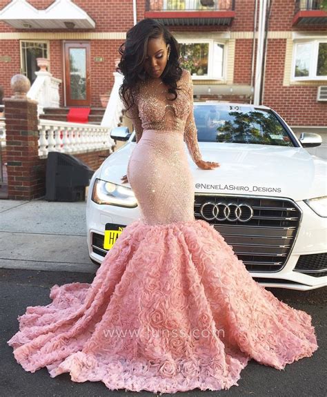 Luxury Beaded Pink 3d Rosette African American Prom Dress Lunss