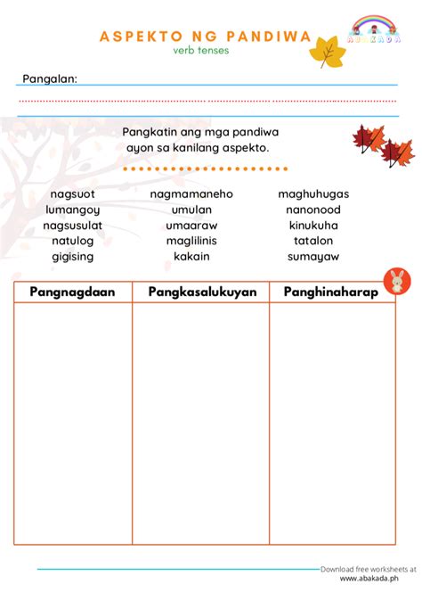 Aspekto Ng Pandiwa Worksheet