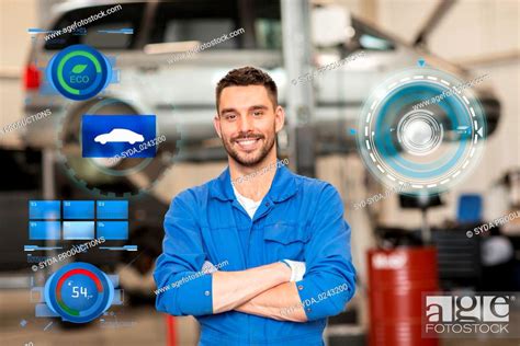 Happy Auto Mechanic Man Or Smith At Car Workshop Stock Photo Picture