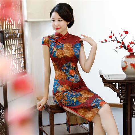 women qipao summer new vintage slim sexy flower satin cheongsam mandarin collar chinese evening