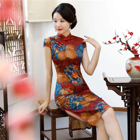 Women Qipao Summer New Vintage Slim Sexy Flower Satin Cheongsam