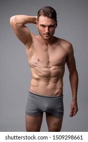 Studio Shot Handsome Muscular Man Shirtless Stock Photo