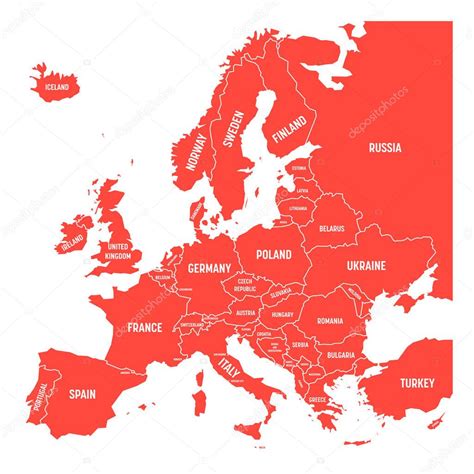 Mapa de Europa con nombres de países soberanos incluidos los ministerios Mapa vectorial rojo