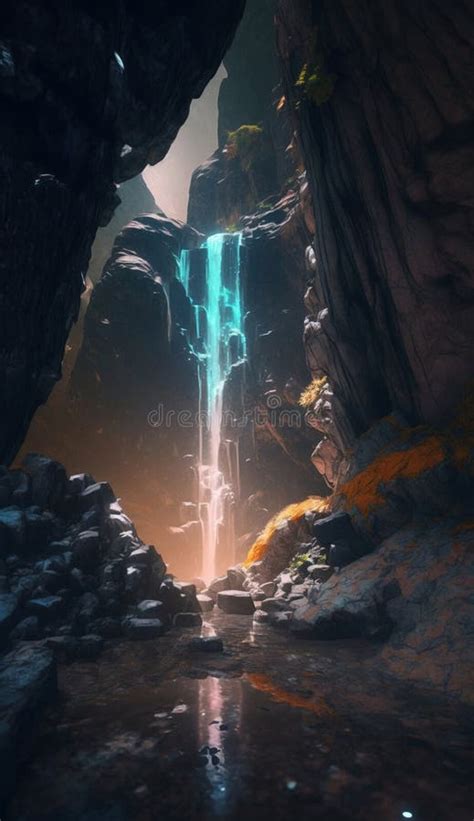 Mystical Magical Waterfall In The Mountains Stock Illustration