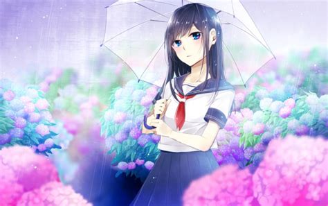 Wallpaper Anime Girl School Uniform Raining Umbrella