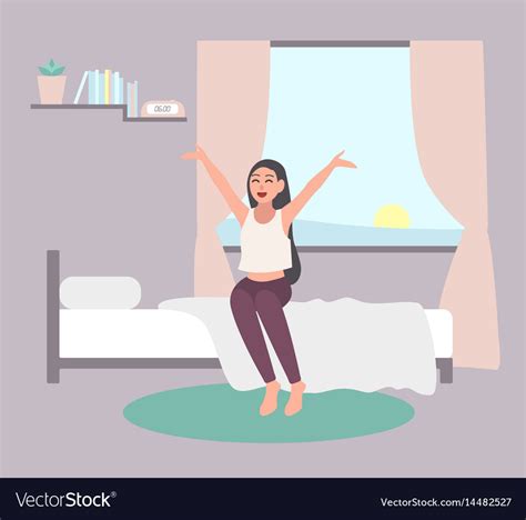 Wake Up Early Concept Happy Girl Get Out Of Bed Vector Image
