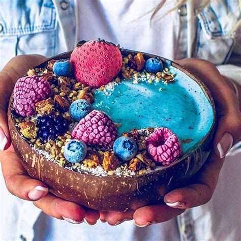 Blue Spirulina Smoothie Bowl Served In A Coconut Mrs Kitchen Fairy Did