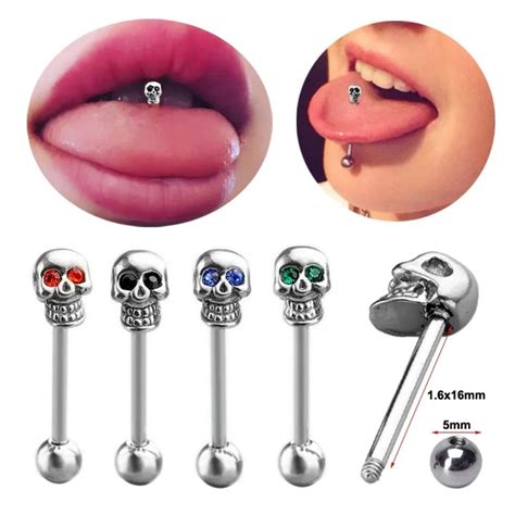 Skull Tongue Piercing Stainless Steel Crystal Tongue Rings Piercing