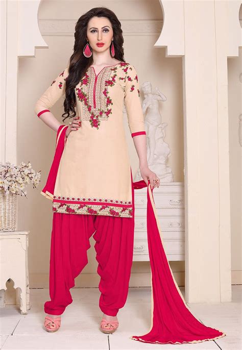 Poly Cotton Punjabi Suit In Light Peach This Semi Stitched Attire Is