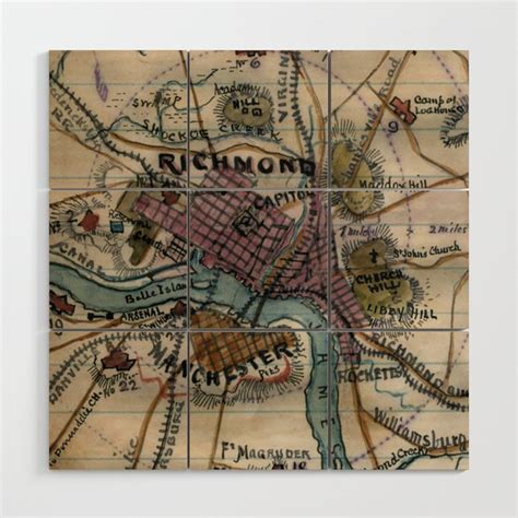 Vintage Richmond Virginia Civil War Map 1865 Wood Wall Art By