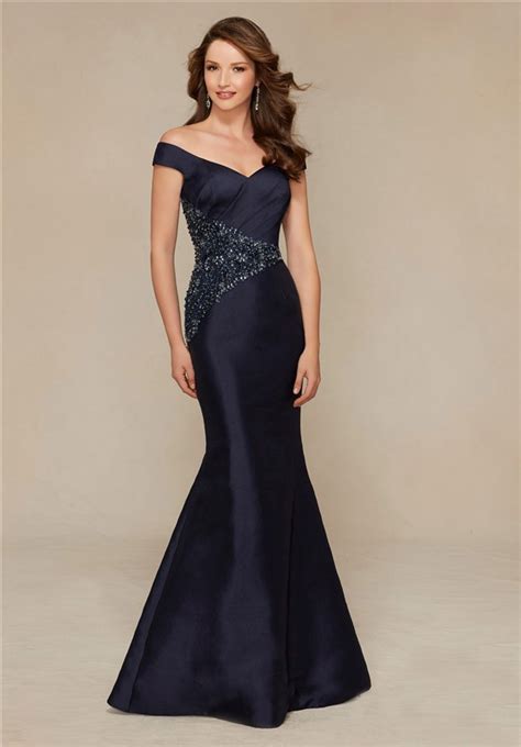 Sexy Mermaid Off The Shoulder Navy Blue Satin Beaded Special Occasion