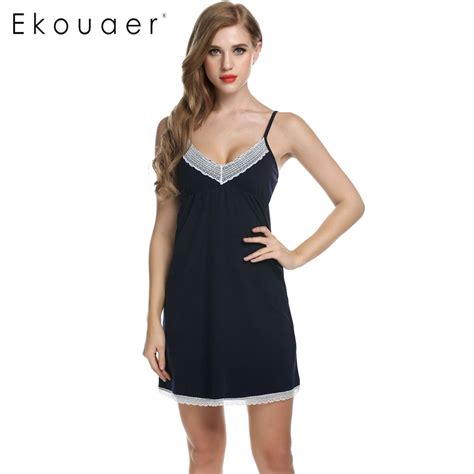 2018 Wholesale Ekouaer Women Nightgowns Cotton Night Dress Sexy Spaghetti Strap V Neck Lace