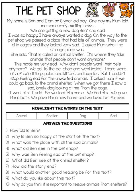 Never choose an answer without reading them all! The Pet Shop - Reading Comprehension Passage | Reading ...