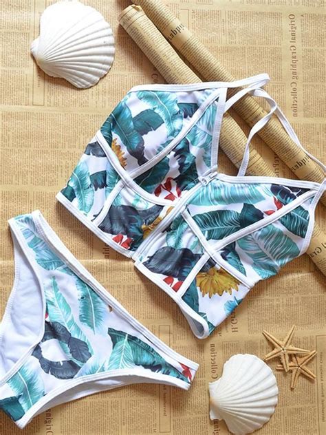 Leaf Printing Chest Zip Bikini Set Takini Swimsuits 2 Piece Swimsuits