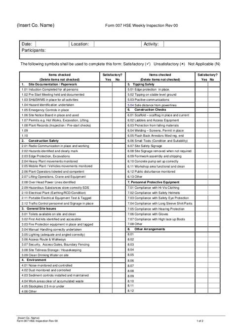 Form 007 HSE Weekly Inspection Inspection Checklist Survey