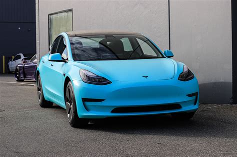 Tesla Model 3 Tiffany Blue Satin Key West Vinyl Wrap Vancouver