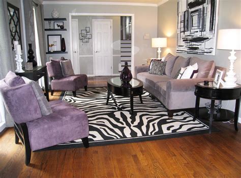 zebra print rug, accessorized shelving in the corner, colors Zebra