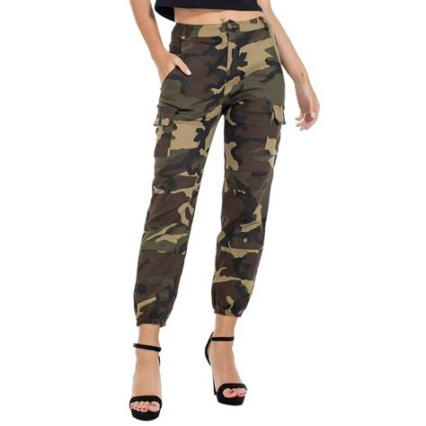 Pdylzwzy Womens Cargo Pants Elastic Waist Jogger Skinny Trousers Side Pockets Camouflage