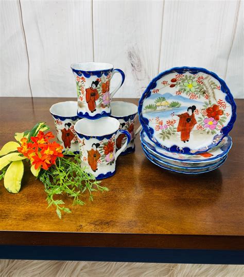 Vintage Japanese Tea Set Geisha Girl Tea Cup Blue And White Etsy