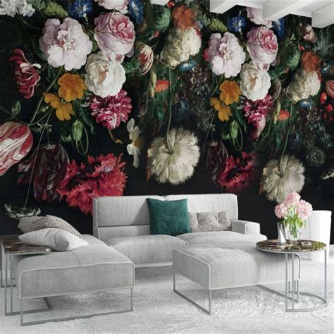 Dark Color Vintage Floral Wallpaper Wall Murals Oil Painting Etsy