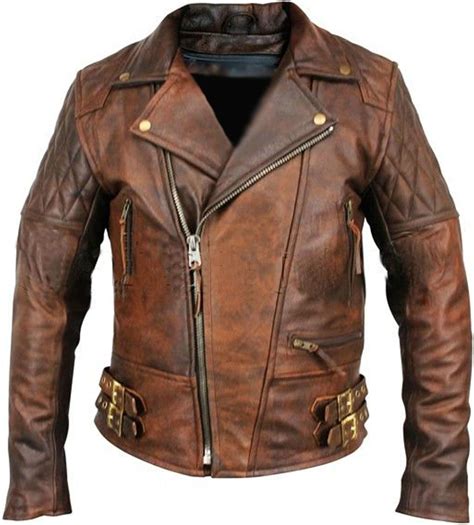 Men Mens Biker Vintage Antique Brown Cafe Racer Real Leather Jacket