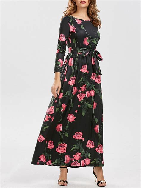 OFF Long Sleeves Floral Maxi Dress With Belt Rosegal