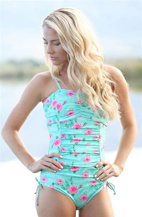paige one piece modest swimsuit in mint and pink floral print one piece one piece swimsuit