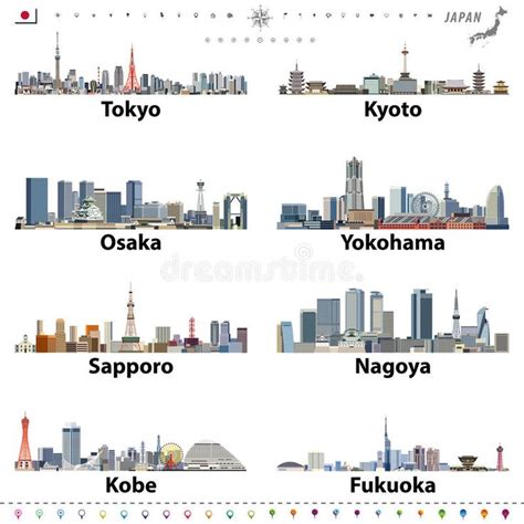 Illustration Of Japanese City Skylines With Location Navigation And