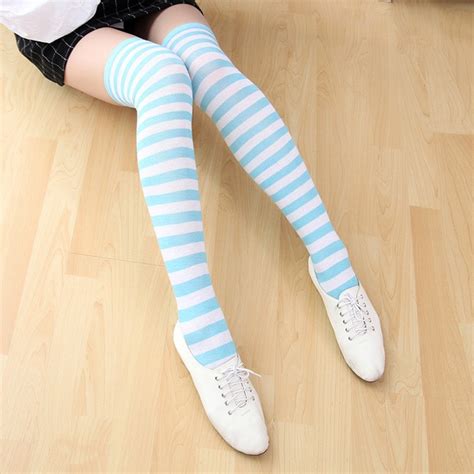Ms Blue And White Leggings Compression Cheap Thigh Highs Striped Cotton
