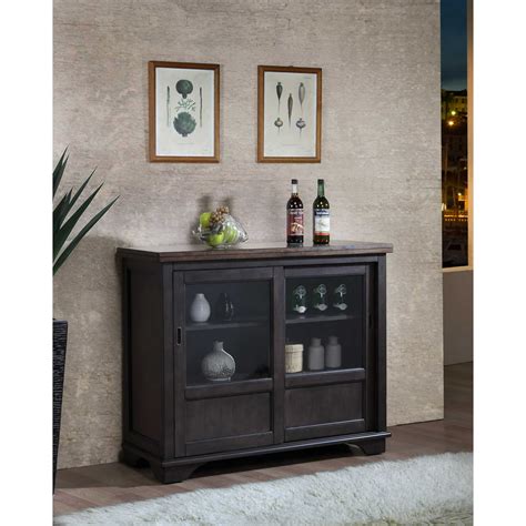 Kara Sideboard Buffet Server Cabinet Gray And Brown Wood Transitional With Glass Sliding Doors