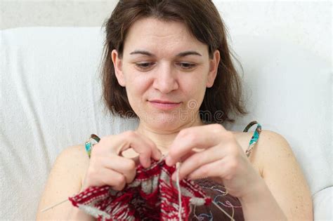 Smiling Woman Knitting Stock Photo Image Of Pattern 68426120