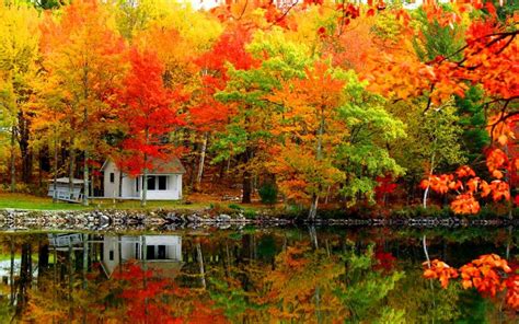 Cabin At The Lake In The Fall Autumn Scenes Beautiful Nature Fall