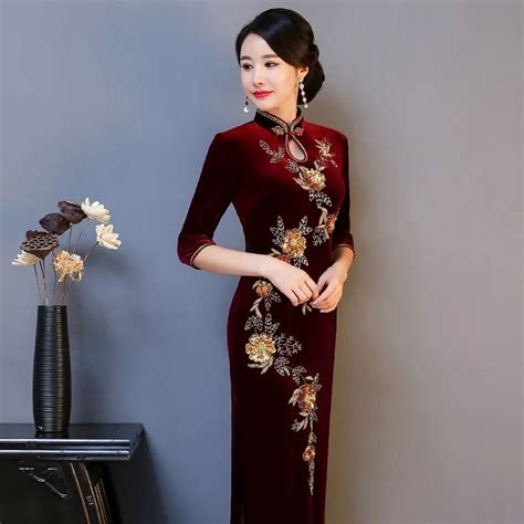 vintage qipao women 2019 velvet cheongsam chinese style quality vestidos sexy flower dress bride