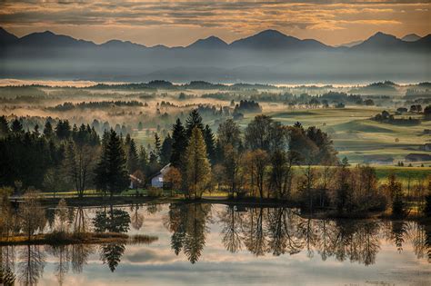 Bavaria Germany Autumn River Morning Dawn Reflection Trees Mountains