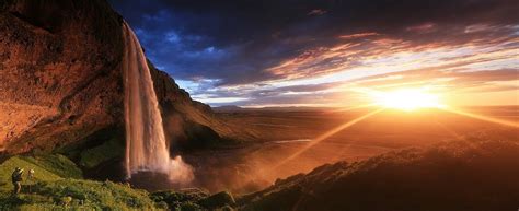 Panoramas Seljalandsfoss Waterfall Sunset Waterfall Iceland Cliff Grass