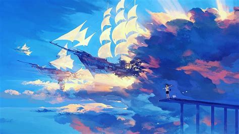 Sky Scenery Ship Art Painting Anime Anime Scenery