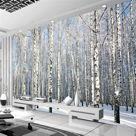 Custom 3d Wall Paper Natural Scenery Murals Winter Birch Etsy In 2020
