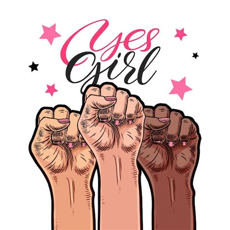 Symbole Du Mouvement Féministe Oui Fille Les Mains Des Femmes Avec Un Poing Levé Vecteur Premium