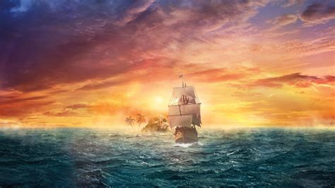 wallpaper pirate ship sea ocean sunset skull land