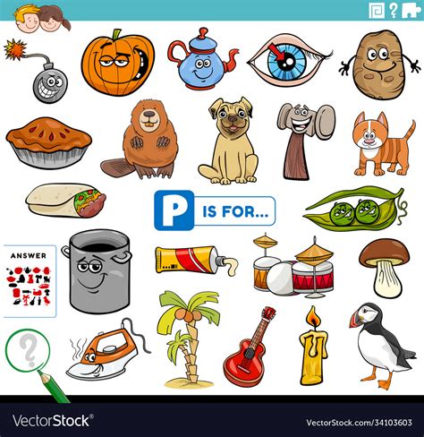 Letter P Words Educational Task For Children Vector Image