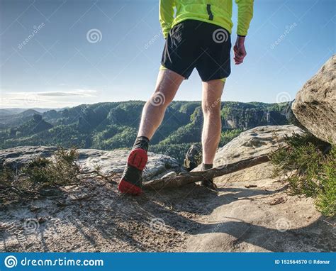 Trail Runner In Natural Terrain Body Contour In Low Ankle View Stock
