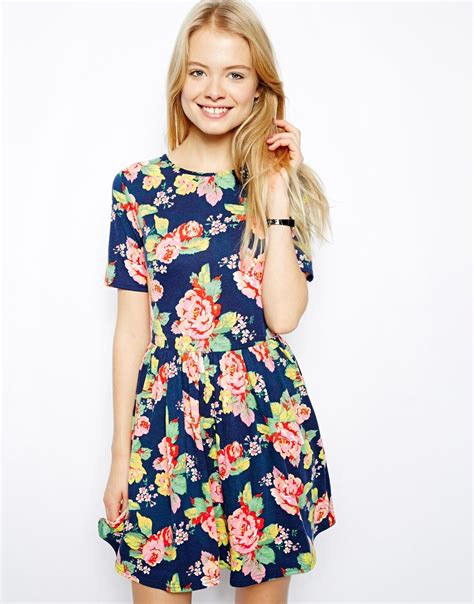 Lyst Asos Skater Dress In Pretty Floral Print In Blue
